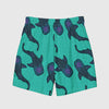 Blue green short swim trunks with whale print